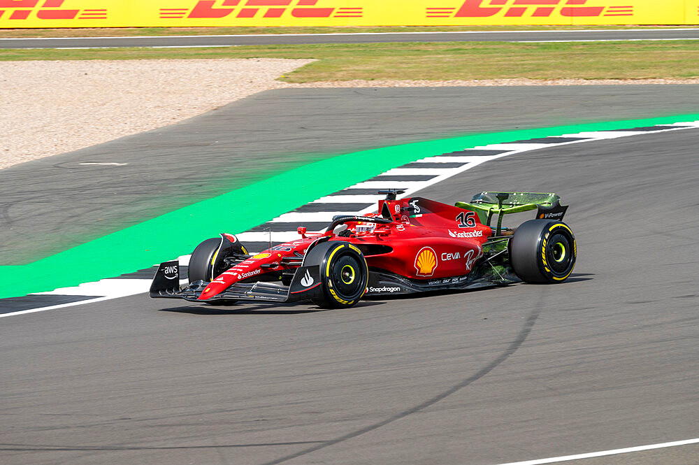 Ferrari F1 car driven by Charles Leclerc at Silverstone Circuit, Towcester, Northamptonshire, England, United Kingdom, Europe