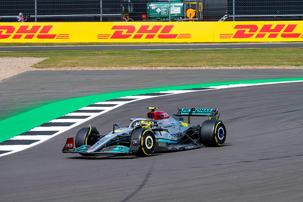 Mercedes F1 car of Lewis Hamilton at Silverstone Circuit, Towcester, Northamptonshire, England, United Kingdom, Europe