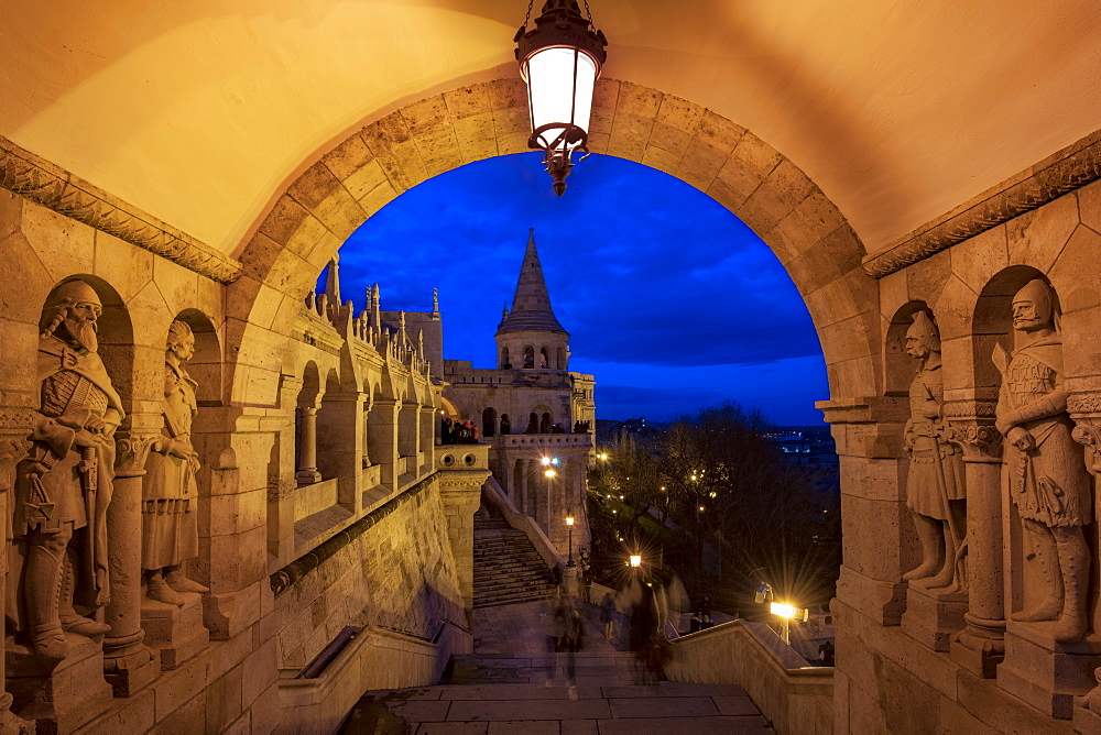 The Fishermans Bastion at night, UNESCO World Heritage Site, Budapest, Hungary, Europe