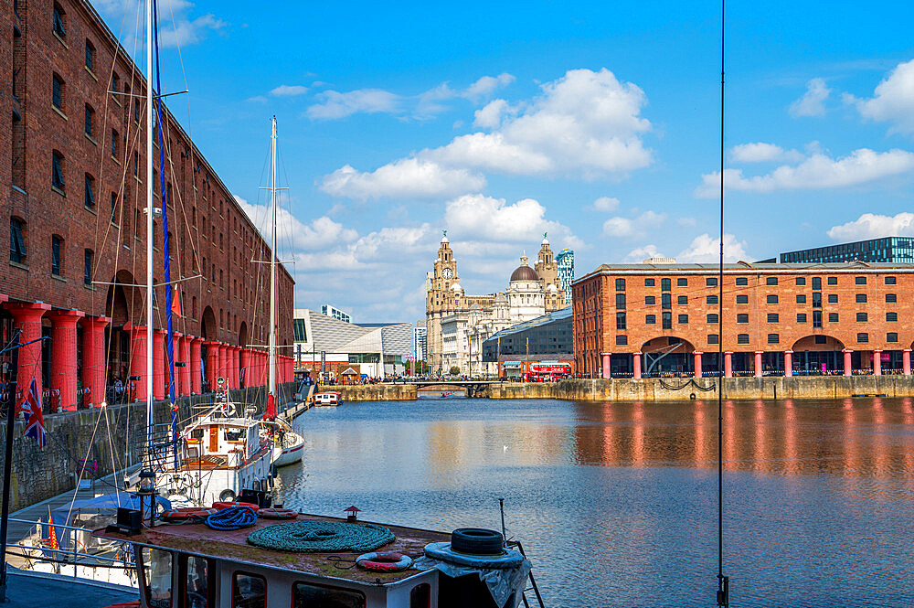 Albert Dock, with view of the Three Graces, Liverpool, Merseyside, England, United Kingdom, Europe