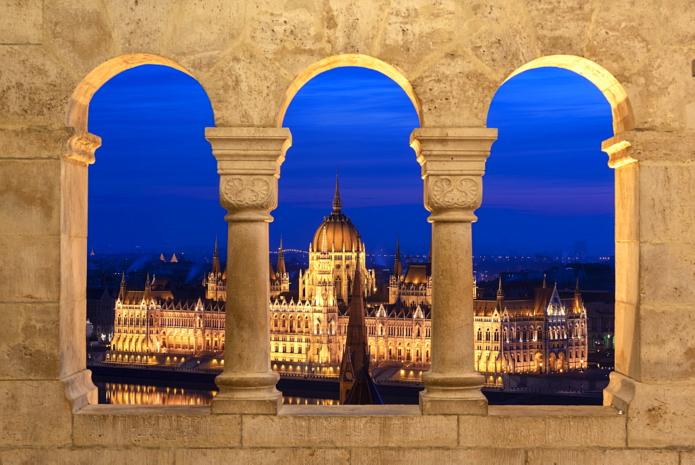 The Hungarian Parliament at night, viewed from the columns of the Fisherman's Bastion, UNESCO World Heritage Site, Budapest, Hungary, Europe