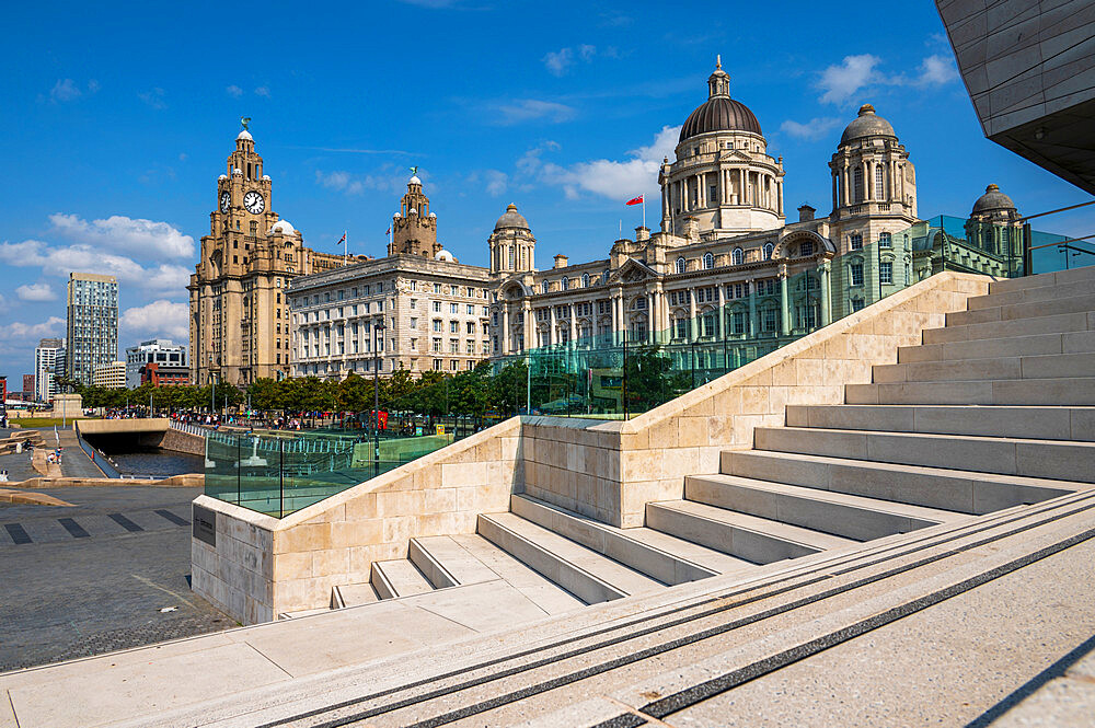 The Three Graces on the Liverpool waterfront, Liverpool, Merseyside, England, United Kingdom, Europe