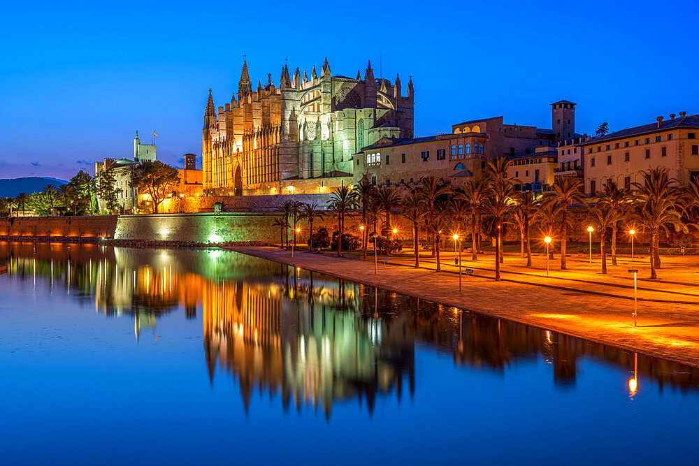 Catedral de Palma (Palma Cathedral) at night, Palma, Majorca, Balearic Islands, Spain, Mediterranean, Europe