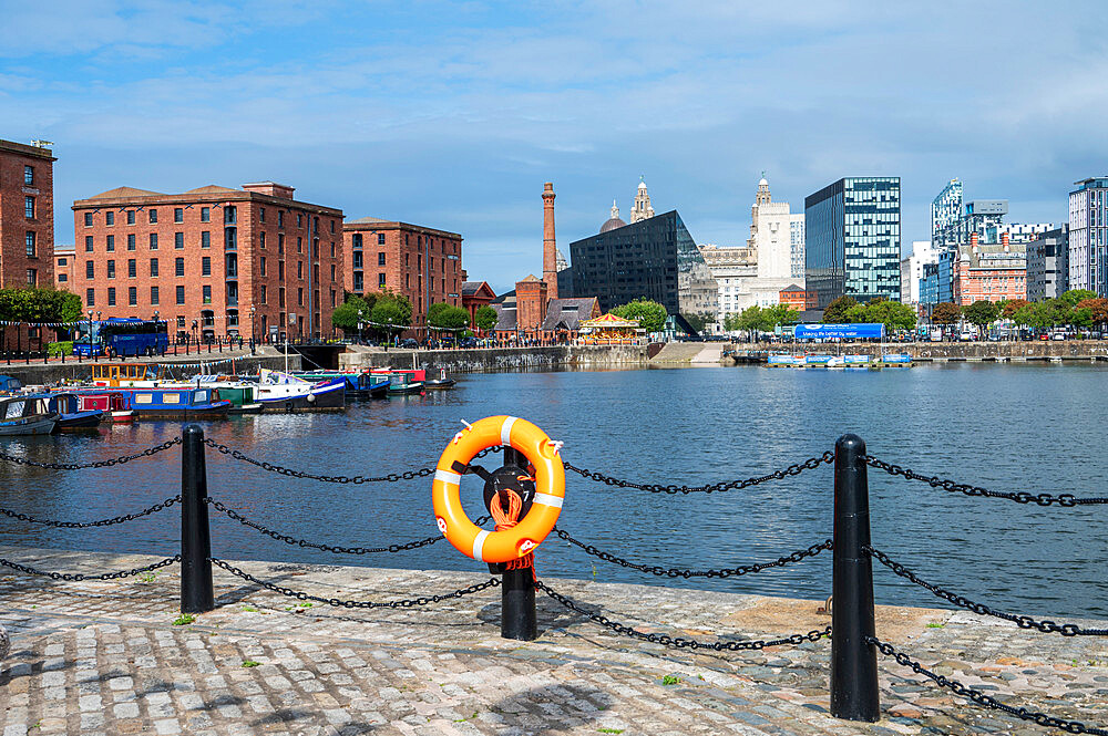 View at The Royal Albert Dock with Liver Building, Liverpool, Merseyside, England, United Kingdom, Europe