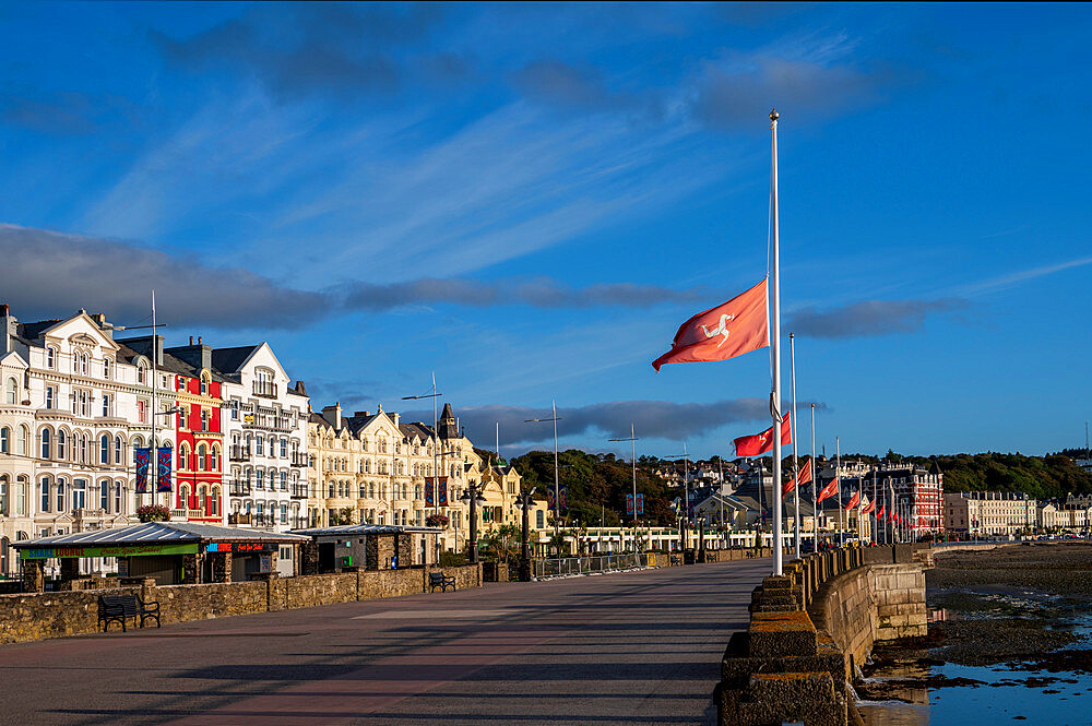 Douglas Promenade with hotels and Manx flags, Douglas, Isle of Man, Europe