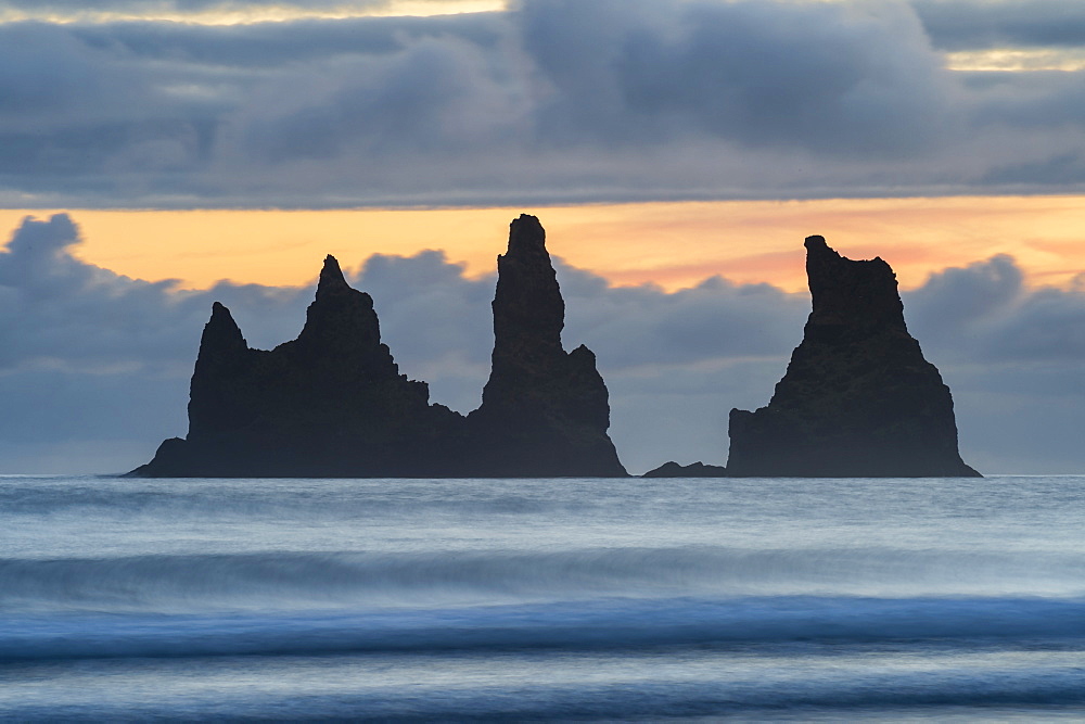 Detail of sea stacks of Reynisdrangar at sunset, Vik i Myrdal, South Iceland, Iceland, Polar Regions