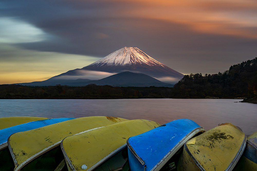 Mt Fuji at sunset from Lake Motosu, Japan