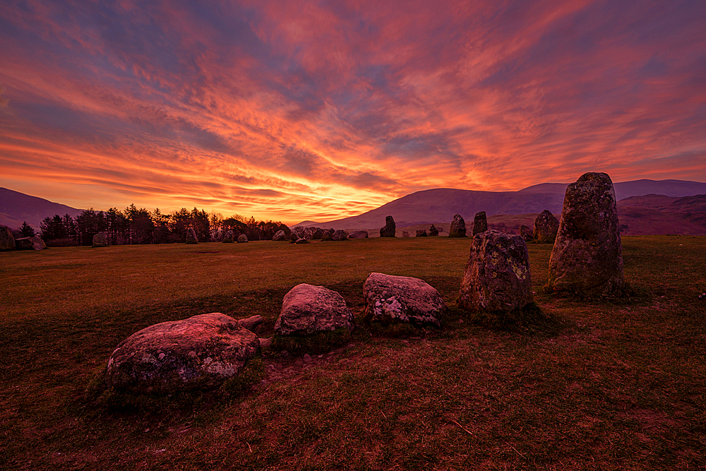 Incredible sunrise at Castlerigg Stone Circle, Lake District, Cumbria