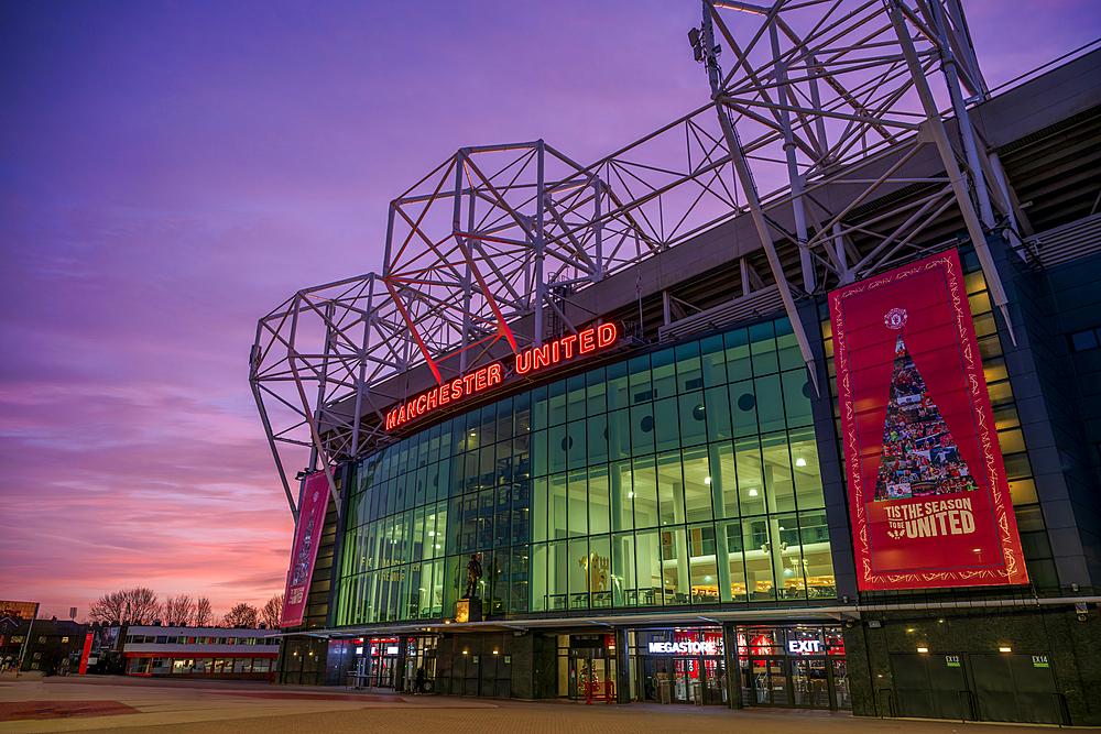 MUFC football ground with Christmas Banner. Old Trafford, Trafford, Manchester