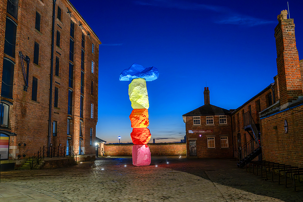 Liverpool Mountain artwork by Ugo Rondinone in the Mermaid Courtyard next to the Tate Liverpool, Albert Dock, Liverpool.