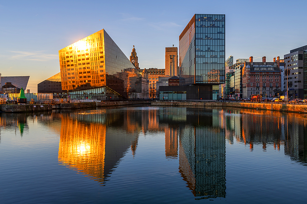 Mann Island and Waterfront Buildings at sunset, Canning Dock, Liverpool, Merseyside. UK