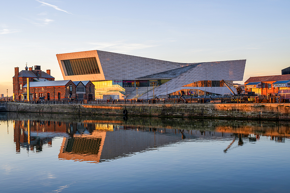 Museum of Liverpool bathed in winter sun, viewed from Canning Dock, Liverpool, Merseyside,