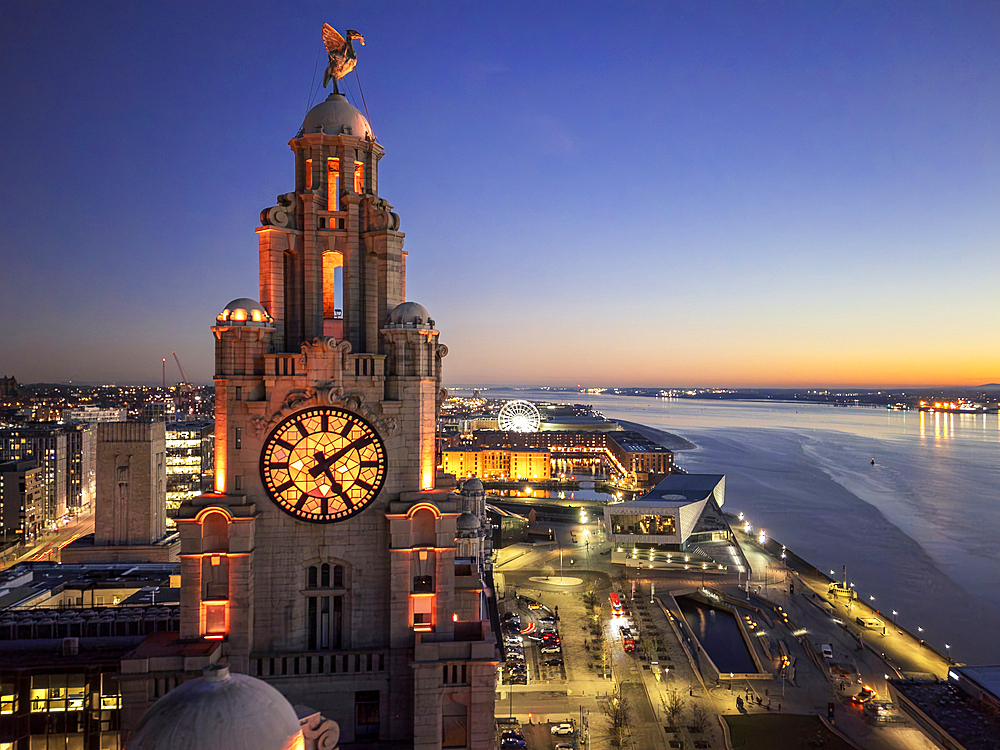The Liver Buildings and view of river Mersey and The Albert Dock, Liverpool Merseyside