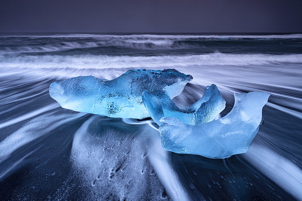 Ice formations on black beach at Jokulsarlon, Iceland, Polar Regions