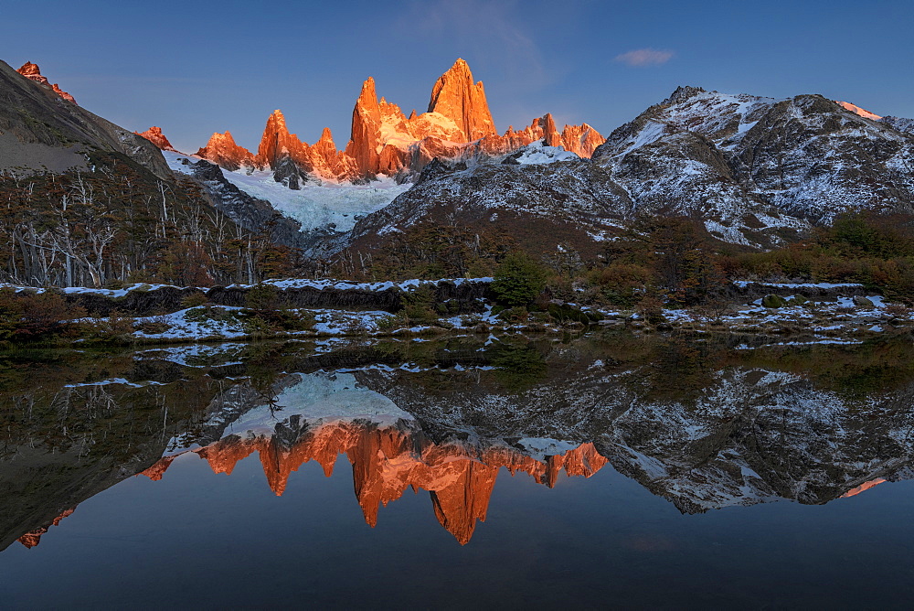 Mountain range with Cerro Fitz Roy at sunrise reflected, Los Glaciares National Park, UNESCO World Heritage Site, El Chalten, Argentina, South America