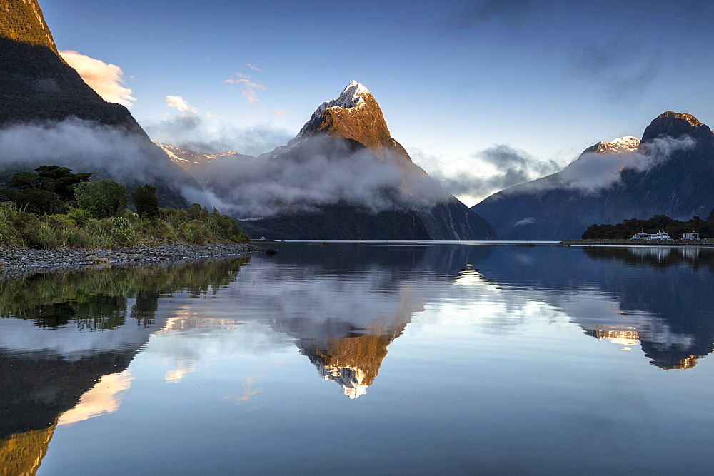 Mitre Peak reflected at Milford Sound, Fiordland National Park, UNESCO World Heritage Site, South Island, New Zealand, Pacific