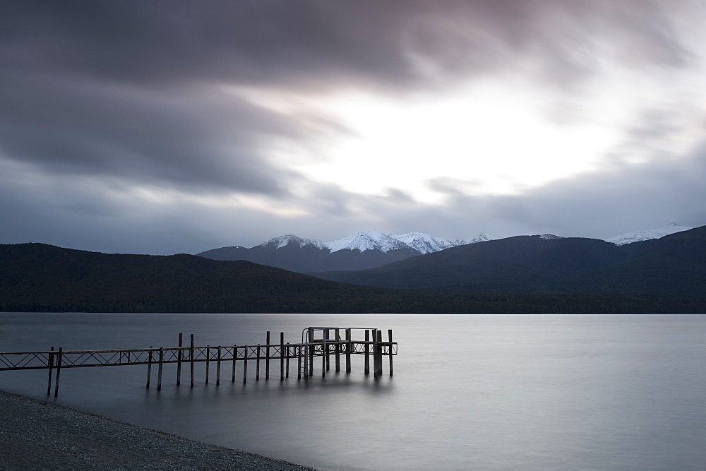 Te Anau jetty with lake and mountain in background, Southland, South Island, New Zealand, Pacific