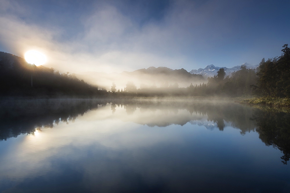 Sunrise at Lake Matheson, near the Fox Glacier in South Westland, South Island, New Zealand, Pacific