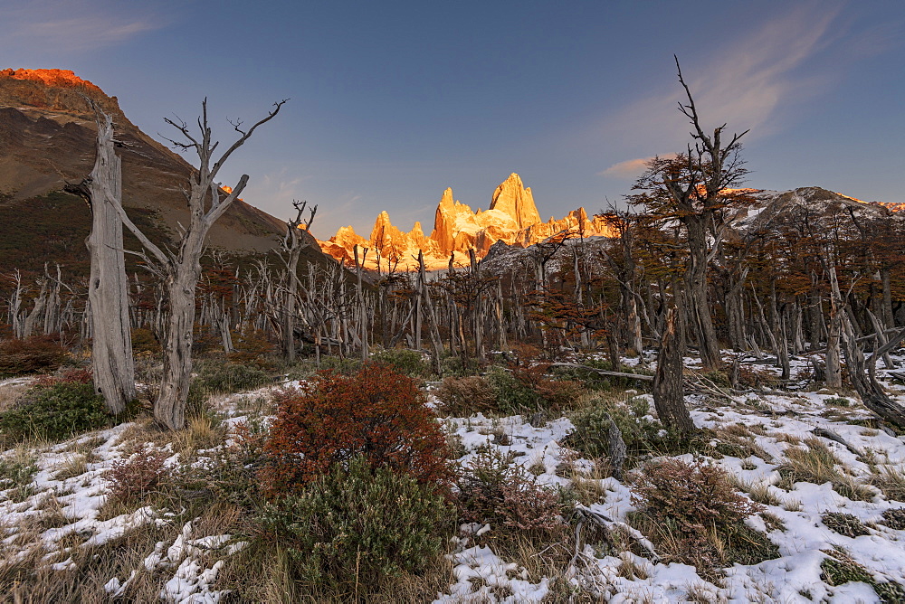 Mountain range with Cerro Torre and Fitz Roy in autumn with snow, Los Glaciares National Park, UNESCO World Heritage Site, Santa Cruz Province, Patagonia, Argentina, South America