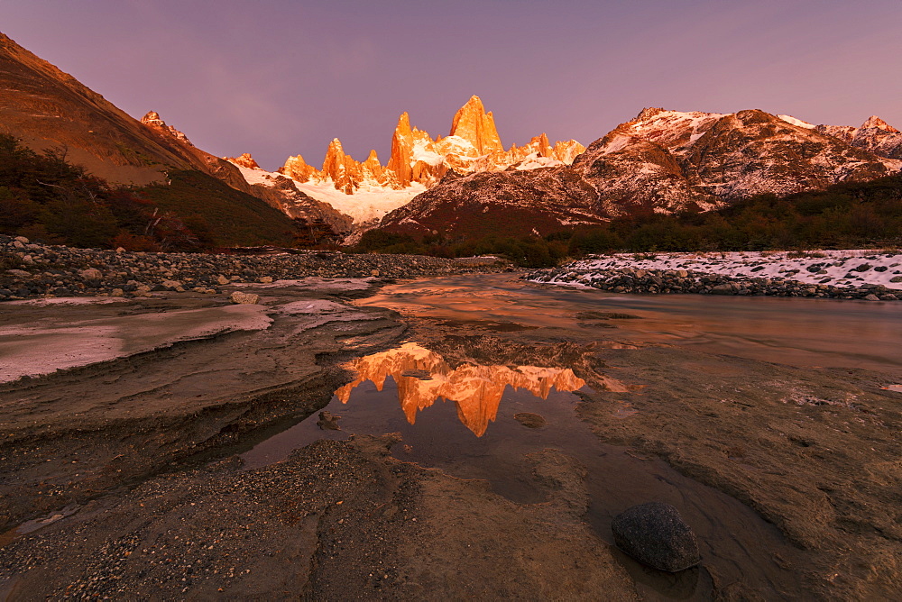 Mountain range with Cerro Torre and Fitz Roy at sunrise reflected, Los Glaciares National Park, UNESCO World Heritage Site, El Chalten, Patagonia, Argentina, South America