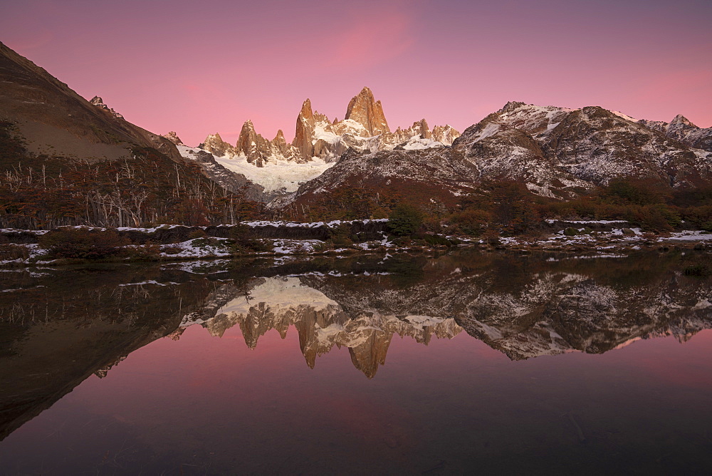 Pre dawn colours with reflection of Mount Fitz Roy, Los Glaciares National Park, UNESCO World Heritage Site, El Chalten, Santa Cruz Province, Patagonia, Argentina, South America