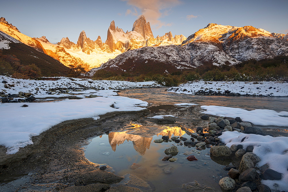 Reflections of Mount Fitz Roy and Cerro Torre in autumn with covering of snow, Los Glaciares National Park, UNESCO World Heritage Site, Patagonia, Argentina, South America