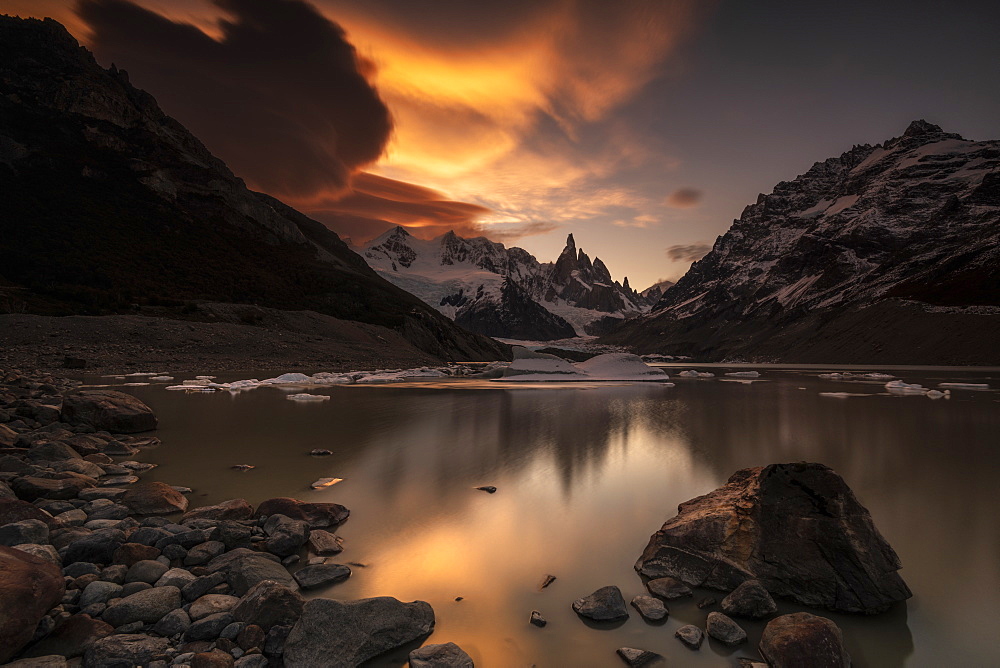 Sunset and lenticular clouds at Laguna Torre, Los Glaciares National Park, UNESCO World Heritage Site, Santa Cruz Province, Patagonia, Argentina, South America