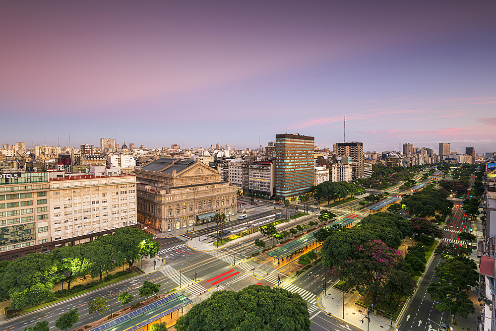 Teatro Colon at sunrise on 9 de Julio Avenue, Buenos Aires, Argentina, South America