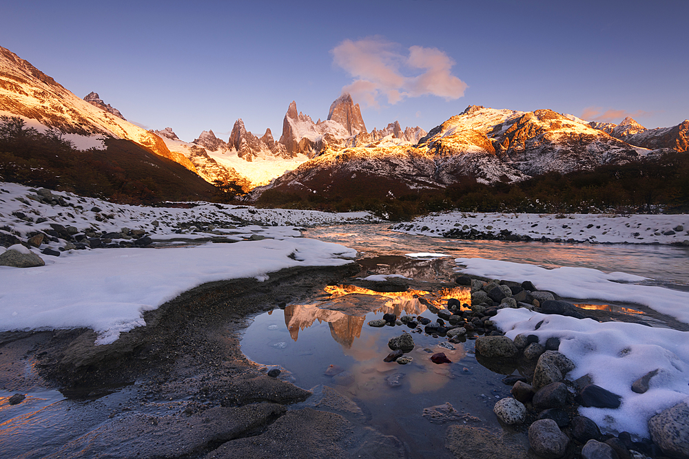 The Mountain range with Cerro Fitz Roy reflected, Los Glaciares National Park, UNESCO World Heritage Site, El Chalten, Patagonia, Argentina, South America