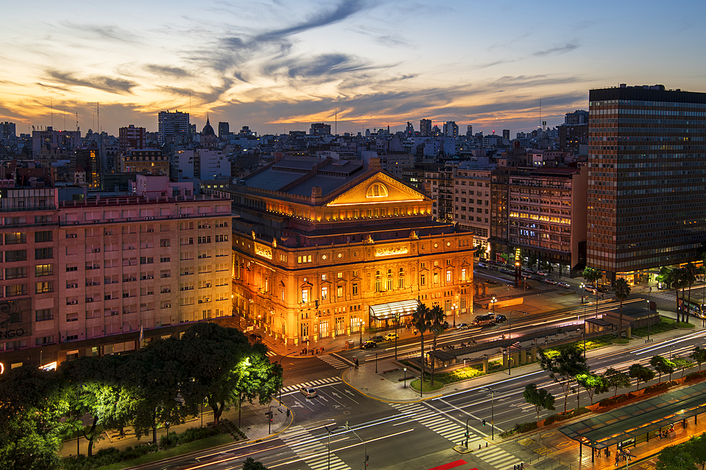 The Teatro Colon at sunset on 9 de Julio Avenue at night, Buenos Aires, Argentina, South America