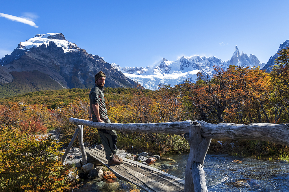 Tourist at El Chalten with Cerro Torre, El Chalten, Patagonia, Argentina, South America