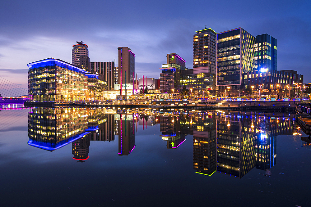 MediaCity UK at dusk, Salford Quays, Manchester, England, United Kingdom, Europe