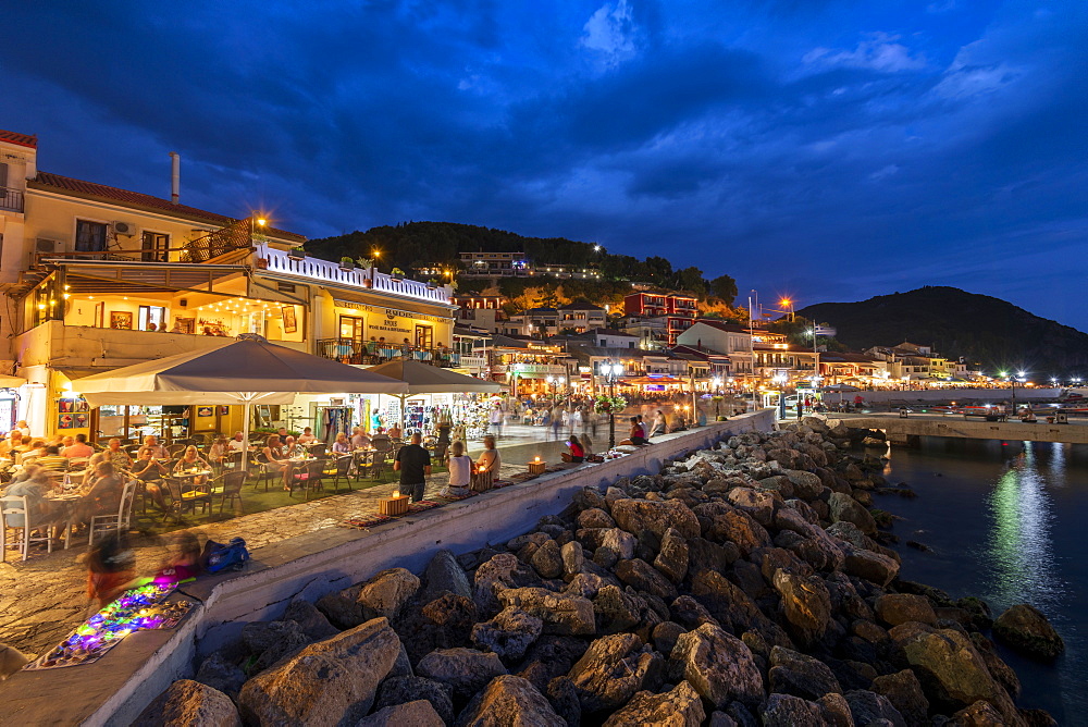 Parga town and harbour at night, Parga, Preveza, Greece, Europe