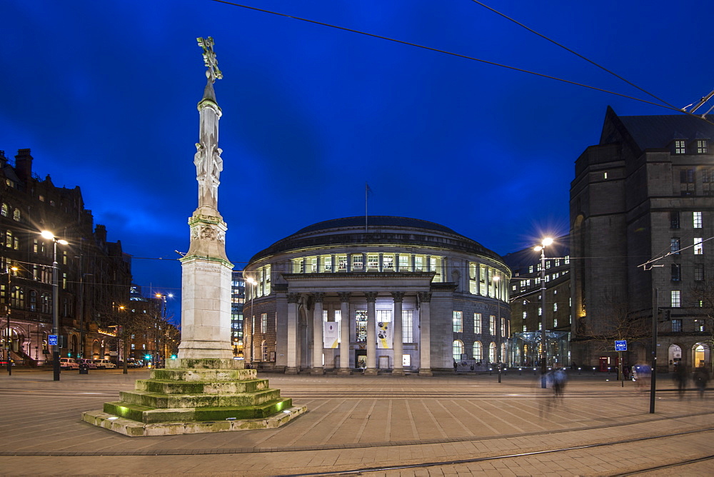 Manchester Library and St. Peter Square at night, Manchester, England, United Kingdom, Europe