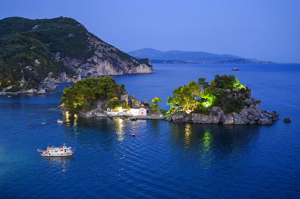 Elevated view of Panagia Chapel at night, Parga, Preveza, Greece, Europe