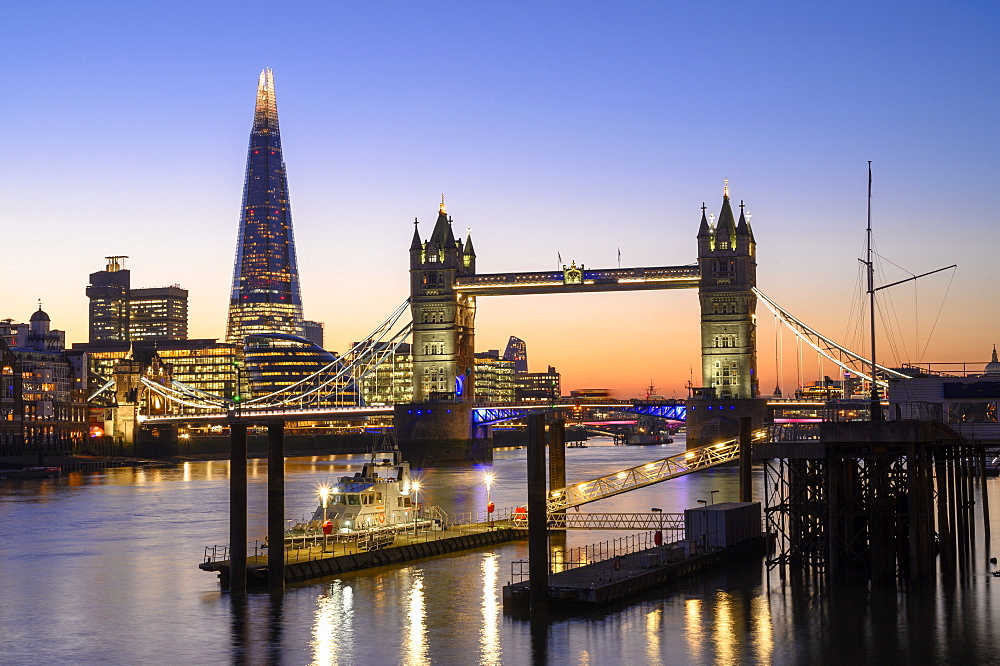 The Shard and Tower Bridge on the River Thames at night, London, England, United Kingdom, Europe