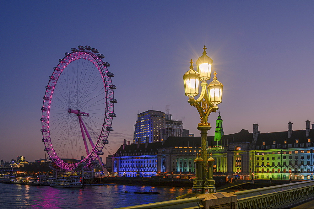 Millennium Wheel (London Eye), Old County Hall viewed from Westminster Bridge, South Bank, London, England, United Kingdom, Europe