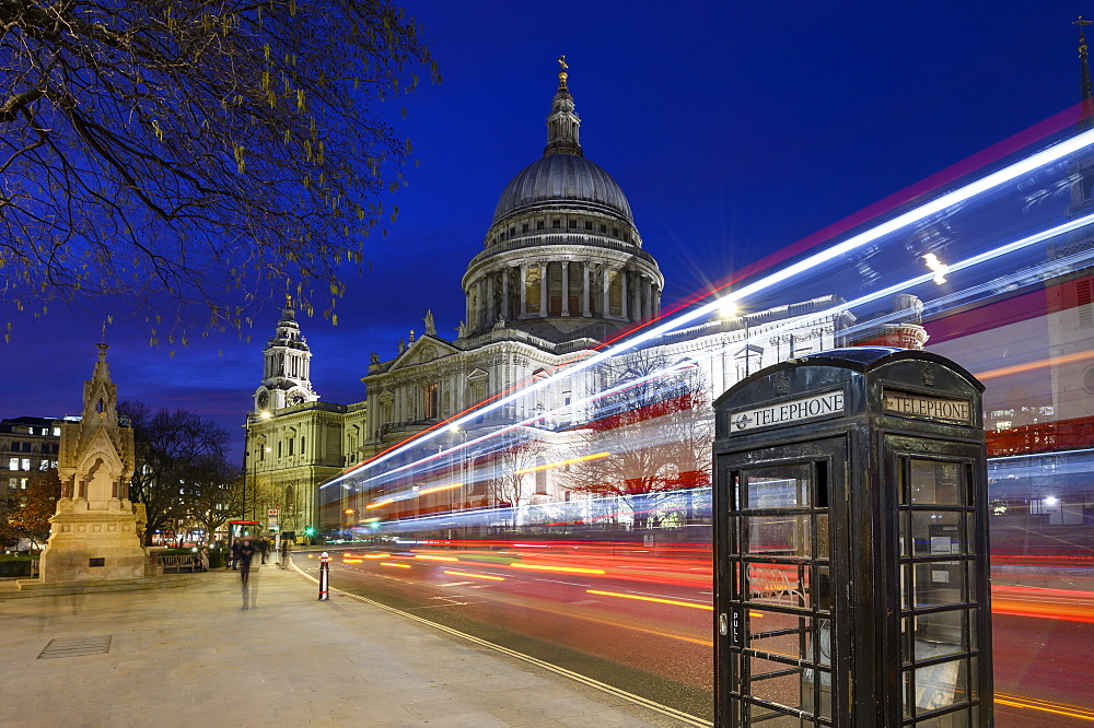 St. Paul's Cathedral at dusk with traffic trails, London, England, United Kingdom, Europe