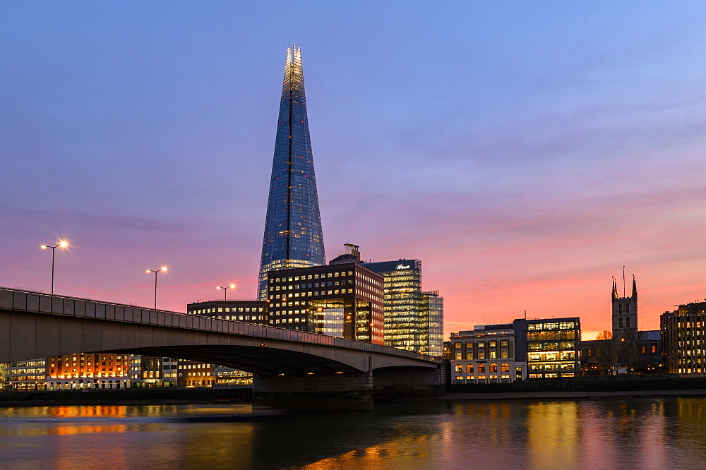 The Shard and London Bridge at sunset, London, England, United Kingdom, Europe