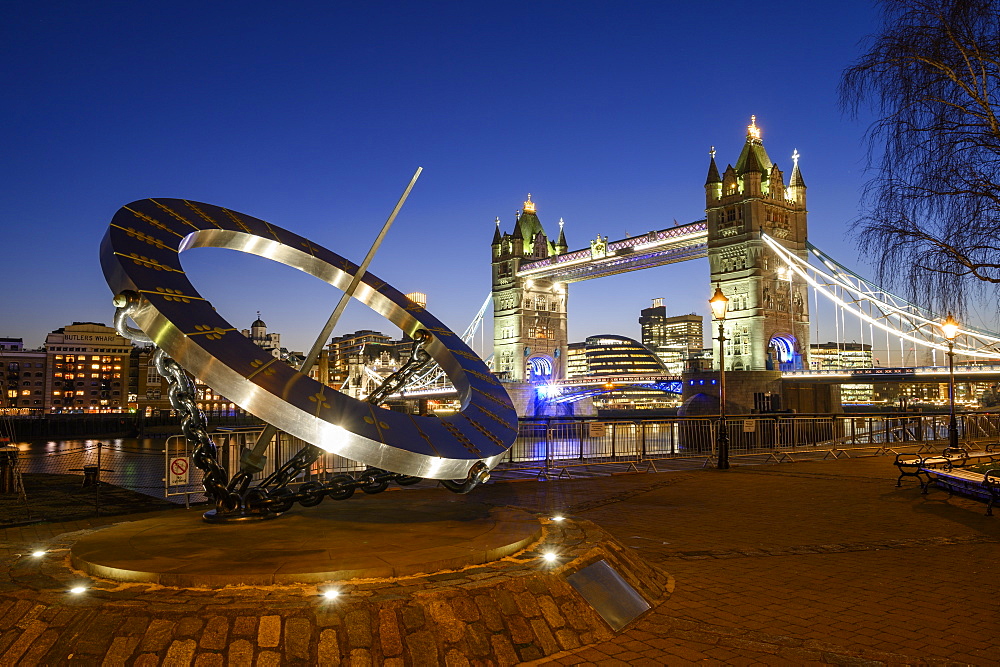 The Timepiece Sundial and Tower Bridge at sunset, St. Katharine's and Wapping, London, England, United Kingdom, Europe