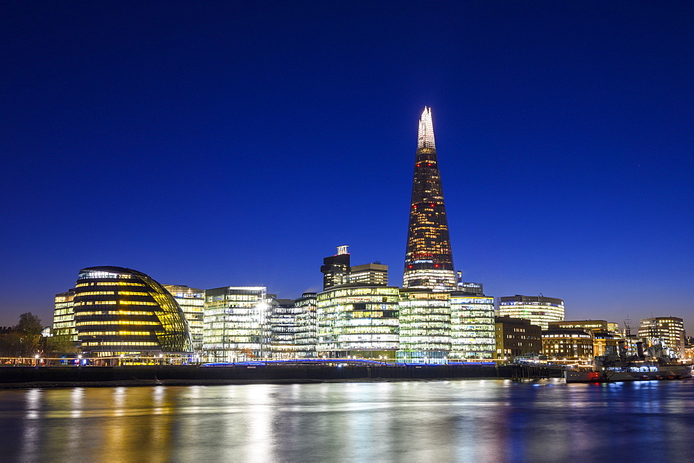 The Shard and City Hall at night by River Thames, Southwark, London, England, United Kingdom, Europe