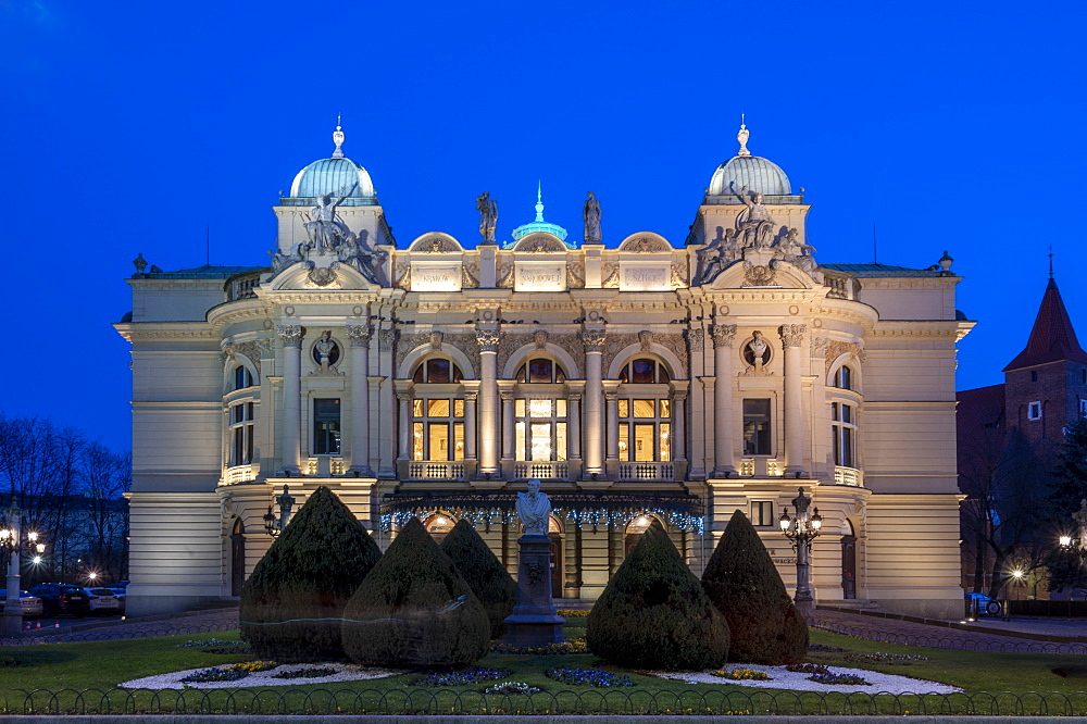 Juliusz Slowacki Theater opera house at night, UNESCO World Heritage Site, Krakow, Poland, Europe