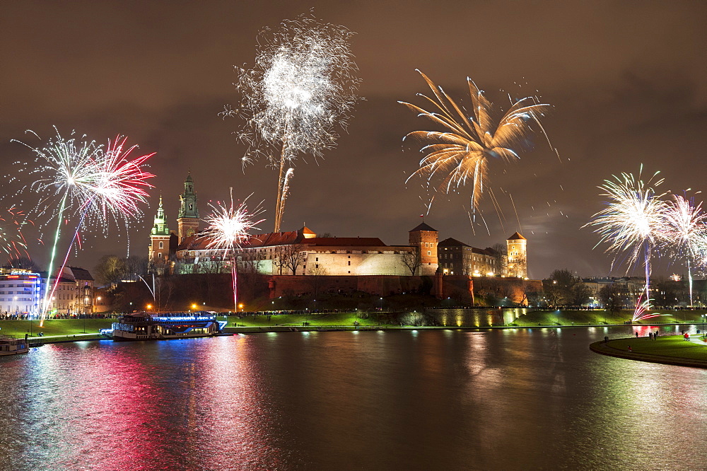 New Year's Eve firework display at Wawel Castle, UNESCO World Heritage Site, Krakow, Poland, Europe