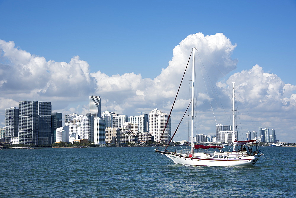 View across the bay to Downtown Miami skyline, Florida, United States of America, North America