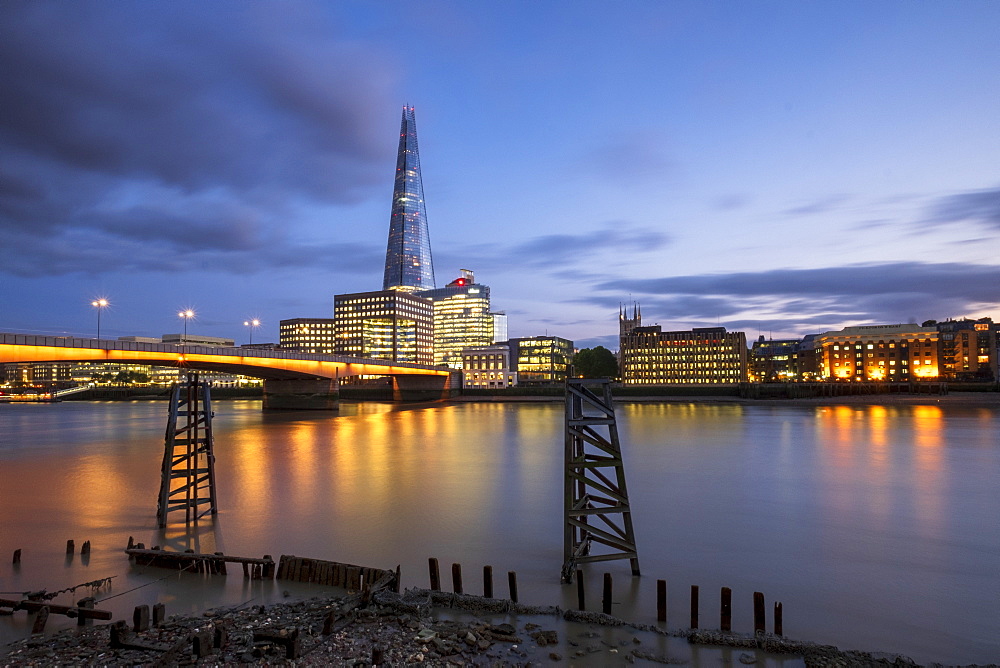 The Shard and London Bridge over the River Thames at night, London, England, United Kingdom, Europe