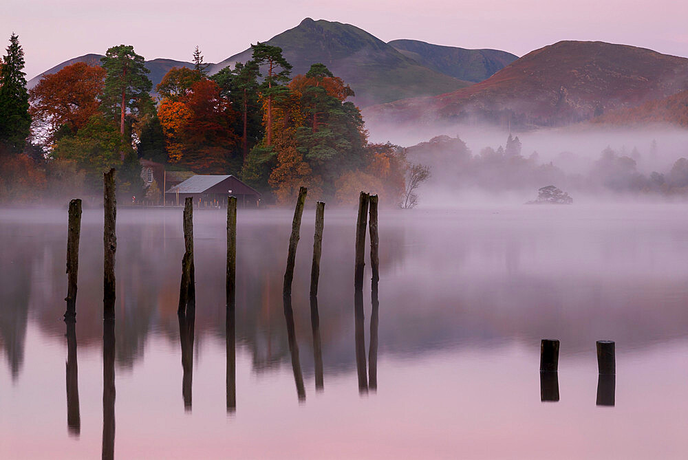 Autumn mist on Derwentwater, Lake District National Park, UNESCO World Heritage Site, Cumbria, England, United Kingdom, Europe