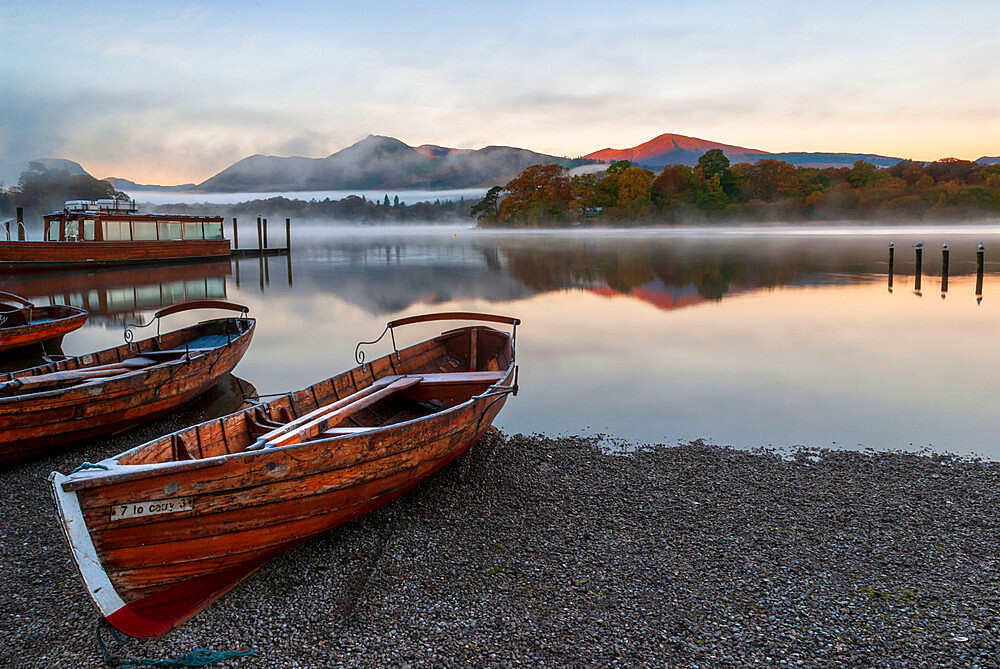 Rowing boats moored at Derwentwater, Derwentwater, Lake District National Park, UNESCO World Heritage Site, Cumbria, England, United Kingdom, Europe