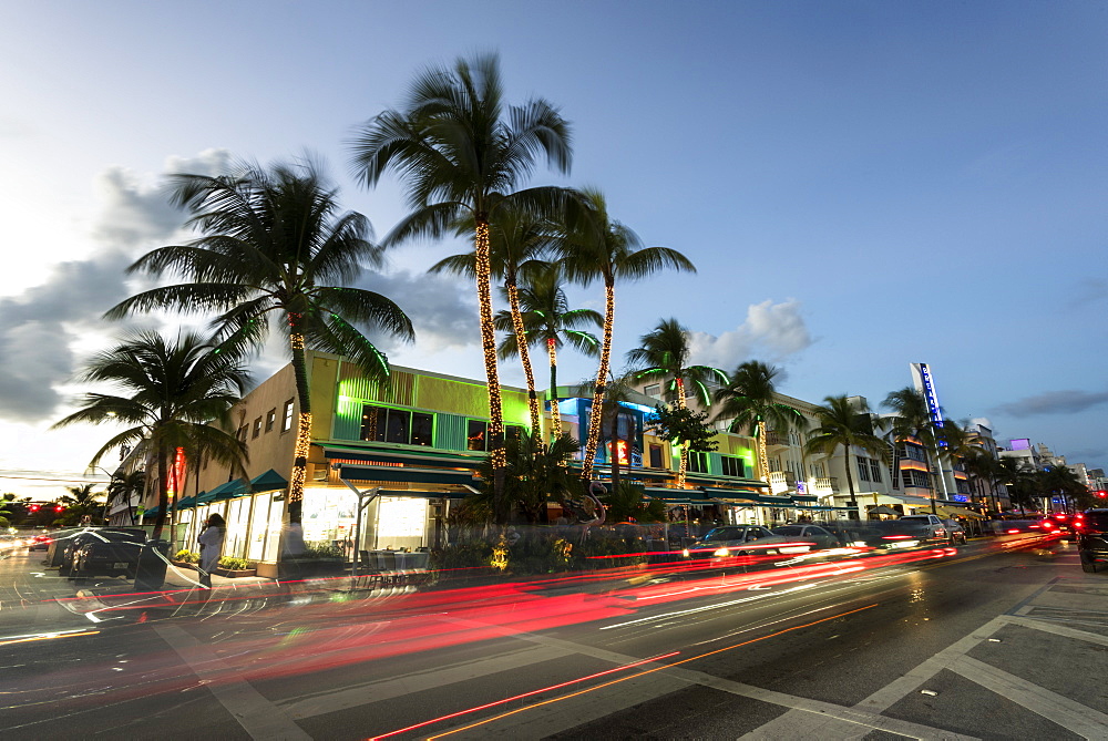 Art Deco architecture at night on Ocean Drive, South Beach, Miami Beach, Florida, United States of America, North America