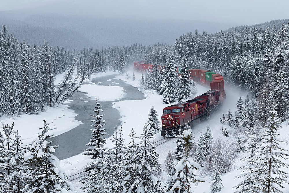 Canadian Pacific train at Morant's Curve in winter along the Bow River, Banff National Park, UNESCO World Heritage Site, Alberta, Canada, North America