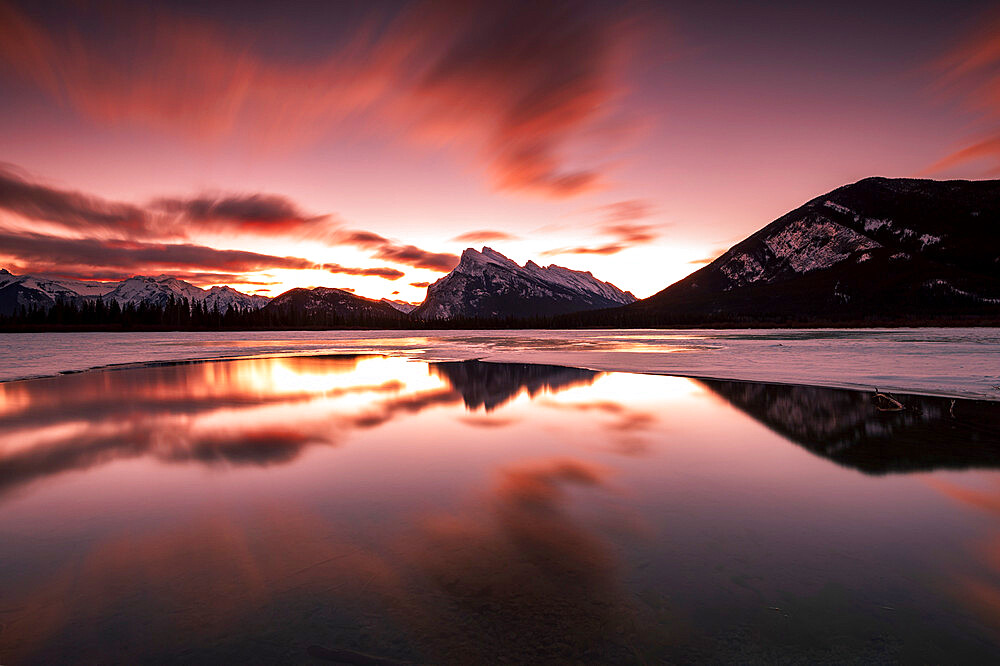 Dramatic sunrise at Vermilion Lakes in the Canadian Rocky Mountains, Banff National Park, UNESCO World Heritage Site, Alberta, Canada, North America